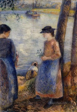 three women at the table by the lamp Painting - by the water 1881 Camille Pissarro